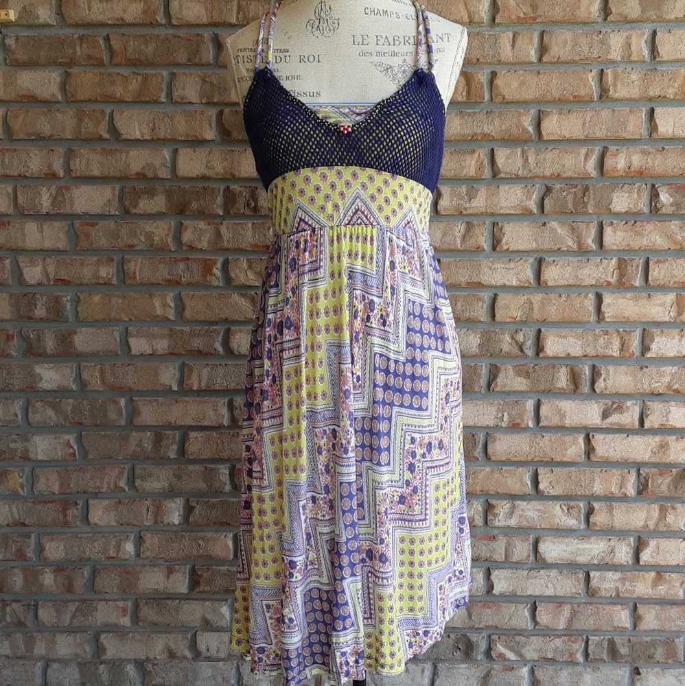 Free People Geometric Floral Print Mesh BodiceAsymmetrical Hem Dress.